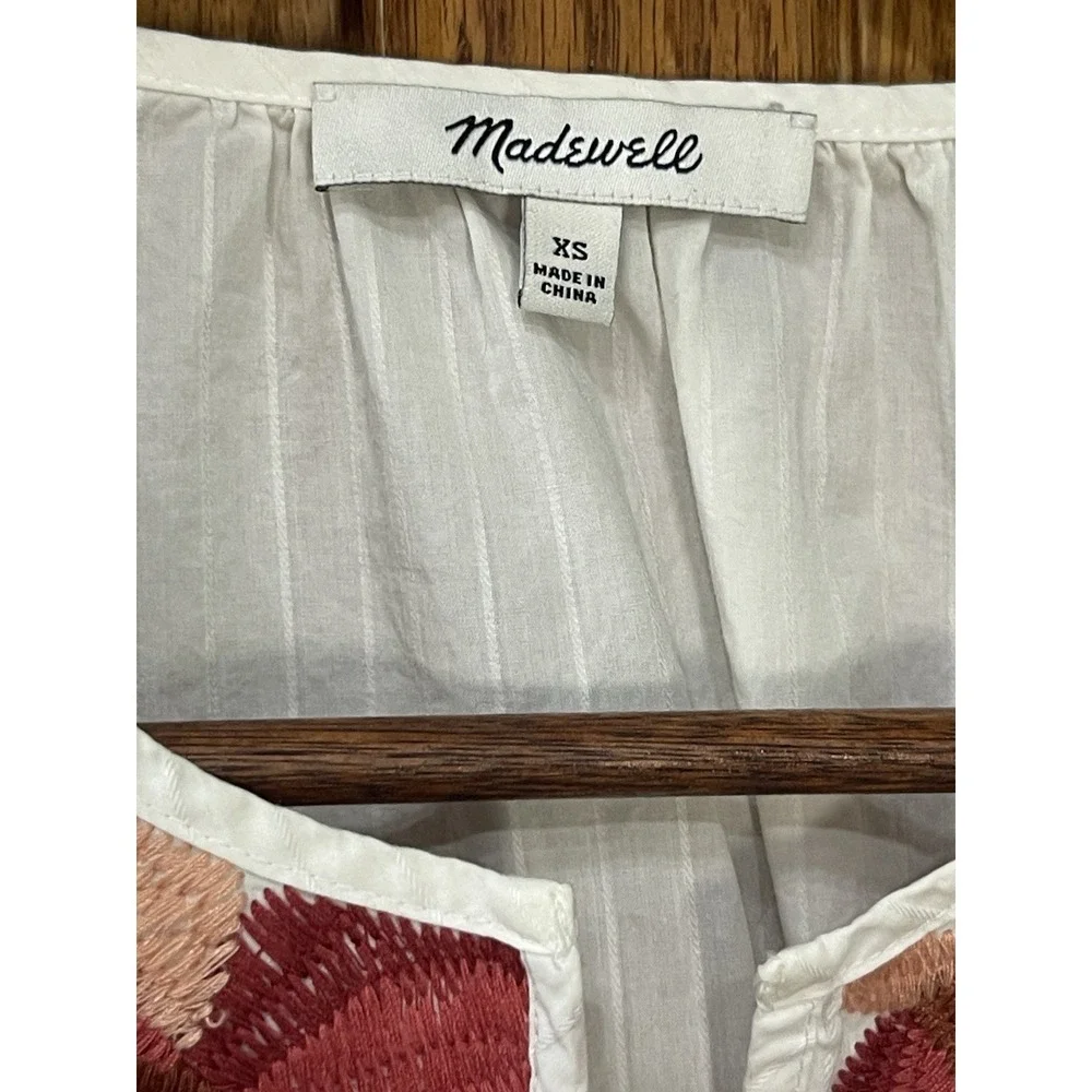 Madewell White Pink Burgundy Floral Embroidered Boho Blouse Top Size XS - Picture 6 of 12